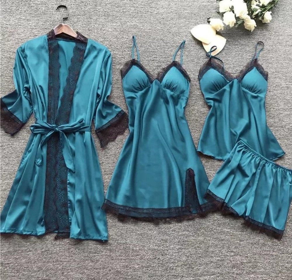 Set de 4 pijamale din Satin, Albastru