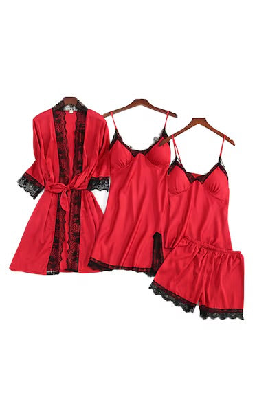 Set de 4 pijamale din Satin, Rosu