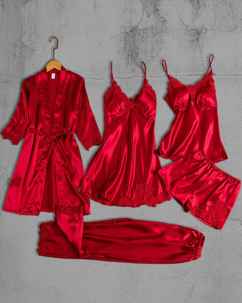 Set de 5 pijamale din Satin, Rosu